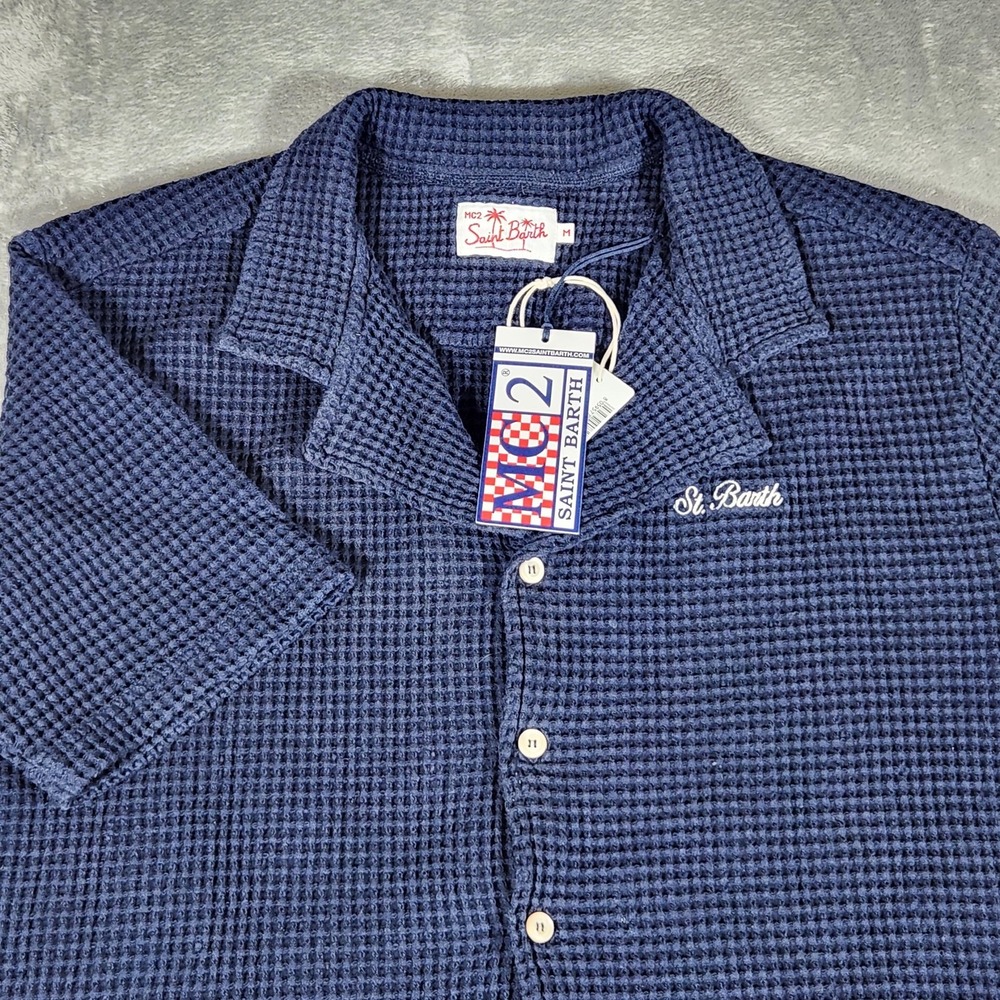 MC2 Saint Barth Shirt Mens Medium‎ Blue Waffle Knit Short Sleeve Button Up